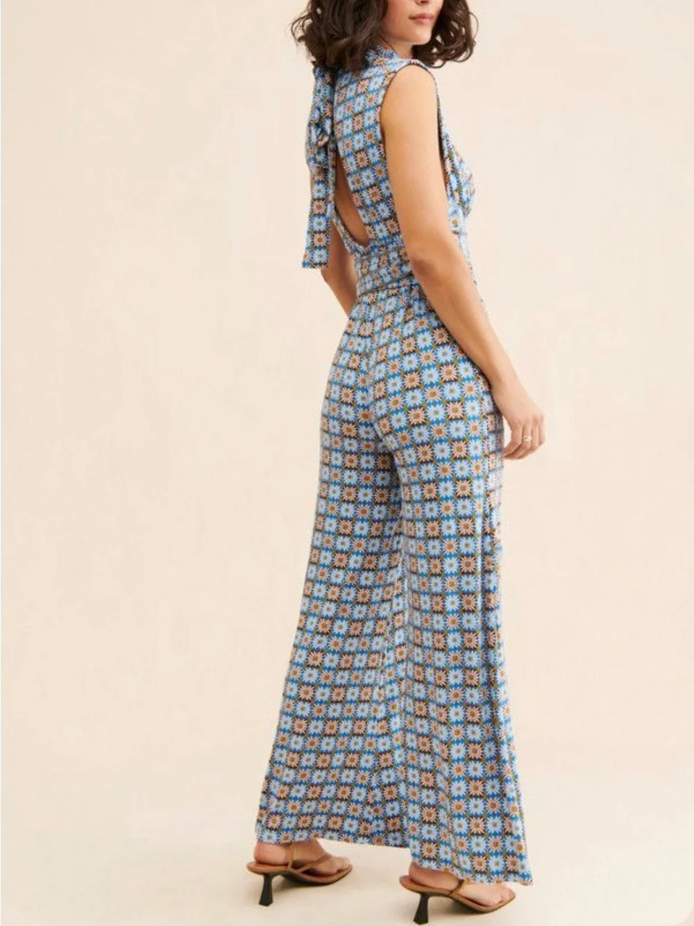 Free People Blue Floral Vibe Check Open Back Wide Leg Jumpsuit Sz XS